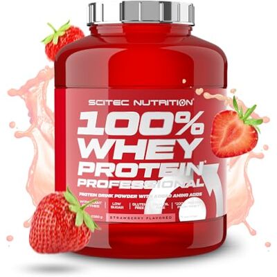 Scitec Nutrition 100% Whey Protein Professional Complexe de whey Concentré et isolat de lactosérum avec enzymes digestives protéines pour les muscles 2,35 kg, Fraise Scitec Nutrition 100% Whey Protein Professional Complexe de whey Concentré et isolat de lactosérum avec enzymes digestives protéines pour les muscles 2,35 kg, Fraise
