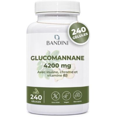 BANDINI ® Glucomannane Konjac Extra Fort 240 Gélules 4200mg par jour Glucomannan enrichi en Chrome, Inuline & Vitamine B3 Fibre végétale de la racine de konjac Supplément puissant & efficace BANDINI ® Glucomannane Konjac Extra Fort 240 Gélules 4200mg par jour Glucomannan enrichi en Chrome, Inuline & Vitamine B3 Fibre végétale de la racine de konjac Supplément puissant & efficace