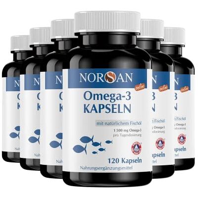 NORSAN Premium Total Omega 3 Lot de 6 capsules hautement dosées (6 x 120 pièces) – 1 500 mg d'oméga 3 par portion avec 707 mg d'EPA et 368 mg d'huile de poisson DHA issu de la pêche durable 1 500 mg EPA DHA · Huile de poisson · Sans retour · Facile à av NORSAN Premium Total Omega 3 Lot de 6 capsules hautement dosées (6 x 120 pièces) – 1 500 mg d'oméga 3 par portion avec 707 mg d'EPA et 368 mg d'huile de poisson DHA issu de la pêche durable 1 500 mg EPA DHA · Huile de poisson · Sans retour · Facile à av