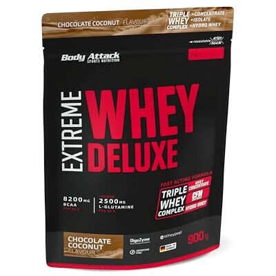 Body Attack Extreme Whey Deluxe – Chocolate Coconut Cream, 900 g – Fabriqué en Allemagne – Poudre de protéines avec acides aminés, triple complexe, CFM Whey Isolate, poudre de protéines, faible en Body Attack Extreme Whey Deluxe – Chocolate Coconut Cream, 900 g – Fabriqué en Allemagne – Poudre de protéines avec acides aminés, triple complexe, CFM Whey Isolate, poudre de protéines, faible en