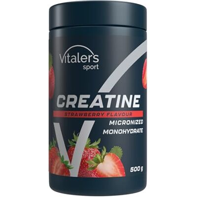 Vitaler's Créatine monohydrate Biodisponible, micronisée 200 mesh, hautement soluble, poudre 100% pure sans additifs, végétalienne 500 g, 100 portions (500 g, fraise) Vitaler's Créatine monohydrate Biodisponible, micronisée 200 mesh, hautement soluble, poudre 100% pure sans additifs, végétalienne 500 g, 100 portions (500 g, fraise)
