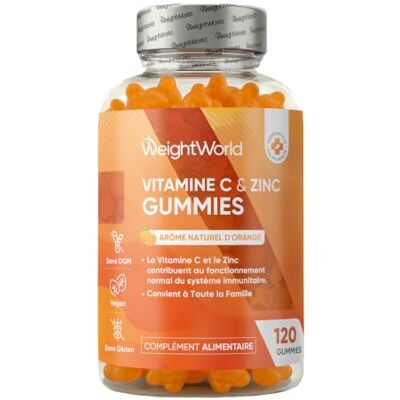 WeightWorld Vitamine C Gummies avec Zinc, 120 Gommes Vegan pour Adultes et Enfants dès 3 Ans à l'Arôme Naturel d'Orange, 200mg Vit C Acide Ascorbique avec 6mg Zinc WeightWorld Vitamine C Gummies avec Zinc, 120 Gommes Vegan pour Adultes et Enfants dès 3 Ans à l'Arôme Naturel d'Orange, 200mg Vit C Acide Ascorbique avec 6mg Zinc