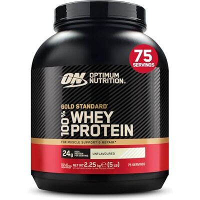 Optimum Nutrition Gold Standard 100% Whey Protéine en Poudre, 2,25 kg Unflavoured, 75 Portions, 24g de Protéines,BCAA, Soutient la Croissance et la Récupération Musculaires Optimum Nutrition Gold Standard 100% Whey Protéine en Poudre, 2,25 kg Unflavoured, 75 Portions, 24g de Protéines,BCAA, Soutient la Croissance et la Récupération Musculaires