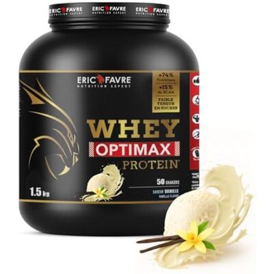 ERIC FAVRE WHEY OPTIMAX PROTEIN +74% Protéines Bi-sources: WPC + Protéine Brevetée, 17g BCAA, 11g Glutamine, Peu Sucrée et Onctueuse Vanille 1,5kg ERIC FAVRE WHEY OPTIMAX PROTEIN +74% Protéines Bi-sources: WPC + Protéine Brevetée, 17g BCAA, 11g Glutamine, Peu Sucrée et Onctueuse Vanille 1,5kg
