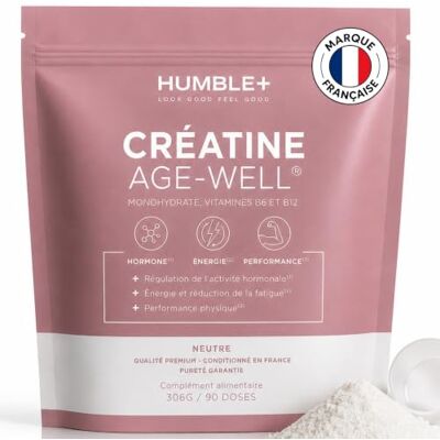 HUMBLE+ Créatine Glow Age-Well® Monohydrate + B6 & B12-310 g Une dosette de 3,4 grammes par jour, 90 doses Deux vitamines actives Goût neutre Marque Française HUMBLE+ Créatine Glow Age-Well® Monohydrate + B6 & B12-310 g Une dosette de 3,4 grammes par jour, 90 doses Deux vitamines actives Goût neutre Marque Française