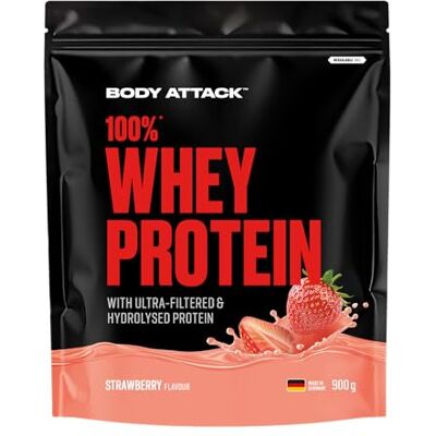 Body Attack 100% Whey Protein – Fraise – 900 g – Fabriqué en Allemagne – Poudre de protéines extra crémeuse avec hydrolysat et BCAA – Soutient le développement musculaire et les régimes alimentaires, Body Attack 100% Whey Protein – Fraise – 900 g – Fabriqué en Allemagne – Poudre de protéines extra crémeuse avec hydrolysat et BCAA – Soutient le développement musculaire et les régimes alimentaires,