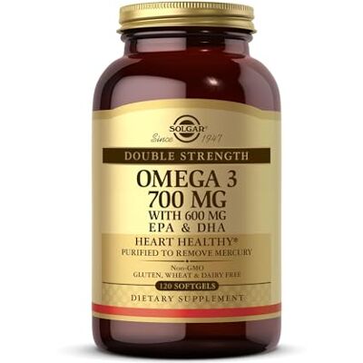 Solgar Oméga-3 Double Force Softgels Lot de 120 Forme optimale pure et puissante d'EPA/DHA Pour la santé du cœur, du cerveau et des yeux Sans gluten Solgar Oméga-3 Double Force Softgels Lot de 120 Forme optimale pure et puissante d'EPA/DHA Pour la santé du cœur, du cerveau et des yeux Sans gluten