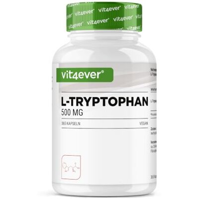 Vit4ever L-tryptophane hautement dosé avec 500 mg par gélule 365 gélules véganes réserve de 12 mois issu de fermentation végétale sans additifs inutiles, végan Vit4ever L-tryptophane hautement dosé avec 500 mg par gélule 365 gélules véganes réserve de 12 mois issu de fermentation végétale sans additifs inutiles, végan