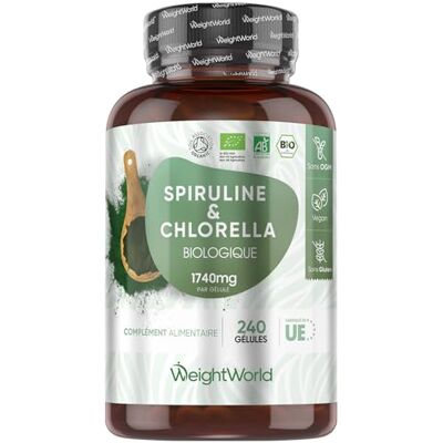 WeightWorld Spiruline Chlorella Bio 240 Gélules Vegan 1740 mg par Portion, Riches en Protéines, Fer, Vitamines B, Chlorophylle & Acides Gras Essentiels Oméga 3 & 6, Algues Alimentaires Spiruline & Chlorelle WeightWorld Spiruline Chlorella Bio 240 Gélules Vegan 1740 mg par Portion, Riches en Protéines, Fer, Vitamines B, Chlorophylle & Acides Gras Essentiels Oméga 3 & 6, Algues Alimentaires Spiruline & Chlorelle
