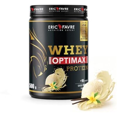 ERIC FAVRE WHEY OPTIMAX PROTEIN +74% Protéines Bi-sources: WPC + Protéine Brevetée, 17g BCAA, 11g Glutamine, Peu Sucrée et Onctueuse Vanille 500g ERIC FAVRE WHEY OPTIMAX PROTEIN +74% Protéines Bi-sources: WPC + Protéine Brevetée, 17g BCAA, 11g Glutamine, Peu Sucrée et Onctueuse Vanille 500g