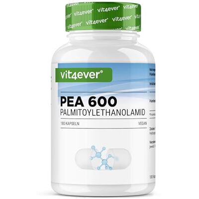 Vit4ever PEA 600-180 Gélules Vegan 1200 mg de Palmitoyléthanolamide Micronisé par Dose Journalière Hautement Dosé et Sans Additifs Vegan Vit4ever PEA 600-180 Gélules Vegan 1200 mg de Palmitoyléthanolamide Micronisé par Dose Journalière Hautement Dosé et Sans Additifs Vegan