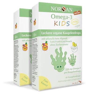 NORSAN Alga Jelly Lot de 3 boîtes de 45 huiles d'algues 220 mg d'oméga-3 par goutte à mâcher Huile végétale oméga-3 pour enfants avec EPA et DHA Vitamine D3 végétalienne (200 UI). Goût Tutti-Frutti Sans sucre NORSAN Alga Jelly Lot de 3 boîtes de 45 huiles d'algues 220 mg d'oméga-3 par goutte à mâcher Huile végétale oméga-3 pour enfants avec EPA et DHA Vitamine D3 végétalienne (200 UI). Goût Tutti-Frutti Sans sucre