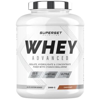 SUPERSET NUTRITION 100% Whey Proteine Advanced (2kg) Super Mix Concentrat + Isolat + Hydrolysat Whey protéine ultrafiltrée Choco-Nut SUPERSET NUTRITION 100% Whey Proteine Advanced (2kg) Super Mix Concentrat + Isolat + Hydrolysat Whey protéine ultrafiltrée Choco-Nut
