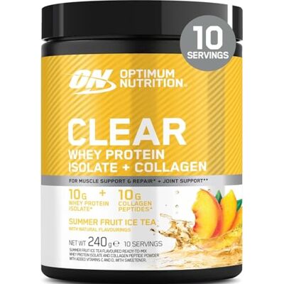 Optimum Nutrition Clear Whey + Collagène, Thé Glacé Fruits d’Été, 10 g Whey Isolate et 10 g Peptides de Collagène par Portion, Boisson Protéinée Claire pour les Articulations, 240 g, 10 Portions* Optimum Nutrition Clear Whey + Collagène, Thé Glacé Fruits d’Été, 10 g Whey Isolate et 10 g Peptides de Collagène par Portion, Boisson Protéinée Claire pour les Articulations, 240 g, 10 Portions*