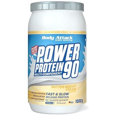 Body Attack POWER PROTEIN 90 – Biscuit au beurre – Boîte de 1 kg – Poudre protéinée multi-composants – Fabriqué en Allemagne – Avec BCAA, vitamines et L-carnitine – Protein Shake goût extra crémeux, Body Attack POWER PROTEIN 90 – Biscuit au beurre – Boîte de 1 kg – Poudre protéinée multi-composants – Fabriqué en Allemagne – Avec BCAA, vitamines et L-carnitine – Protein Shake goût extra crémeux,