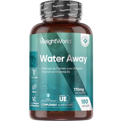 WeightWorld Water Away Drainer l'eau 180 Gélules Vegan (3 Mois) Mélange de Plantes avec 11 Ingrédients : Pissenlit, Thé Vert, Vinaigre de Cidre, Potassium, Vitamine B6 sans OGM ni Stéarate de Magnésium. WeightWorld Water Away Drainer l'eau 180 Gélules Vegan (3 Mois) Mélange de Plantes avec 11 Ingrédients : Pissenlit, Thé Vert, Vinaigre de Cidre, Potassium, Vitamine B6 sans OGM ni Stéarate de Magnésium.