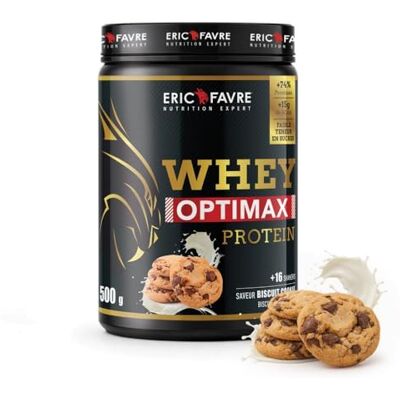 ERIC FAVRE WHEY OPTIMAX PROTEIN +74% Protéines Bi-sources: WPC + Protéine Brevetée, 17g BCAA, 11g Glutamine, Peu Sucrée et Onctueuse Cookie 500g ERIC FAVRE WHEY OPTIMAX PROTEIN +74% Protéines Bi-sources: WPC + Protéine Brevetée, 17g BCAA, 11g Glutamine, Peu Sucrée et Onctueuse Cookie 500g