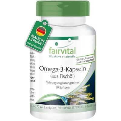 fairvital Gélules d'oméga-3 à base de 500mg d'huile de poisson, 90 gélules molles, faciles à avaler, HAUTEMENT DOSÉES, avec EPA et DHA fairvital Gélules d'oméga-3 à base de 500mg d'huile de poisson, 90 gélules molles, faciles à avaler, HAUTEMENT DOSÉES, avec EPA et DHA