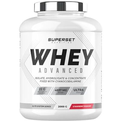SUPERSET NUTRITION 100% Whey Proteine Advanced (2kg) Super Mix Concentrat + Isolat + Hydrolysat Whey protéine ultrafiltrée Fraise Yogourt SUPERSET NUTRITION 100% Whey Proteine Advanced (2kg) Super Mix Concentrat + Isolat + Hydrolysat Whey protéine ultrafiltrée Fraise Yogourt