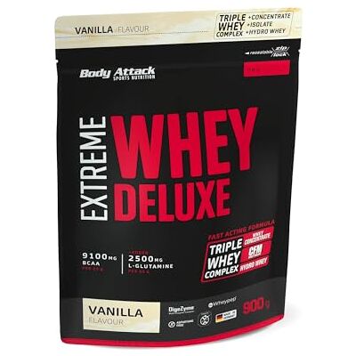 Body Attack Extreme Whey Deluxe – Crème vanille 900 g – Fabriqué en Allemagne – Poudre de protéines avec acides aminés, triple complexe de whey, CFM Isolate, poudre de protéines parfaitement solubles Body Attack Extreme Whey Deluxe – Crème vanille 900 g – Fabriqué en Allemagne – Poudre de protéines avec acides aminés, triple complexe de whey, CFM Isolate, poudre de protéines parfaitement solubles