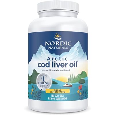 Nordic Naturals , Arctic Cod Liver Oil, 750mg d'Oméga-3 d'Huile de Foie de Morue, avec EPA et DHA, Goût Citron, 180 Capsules molles, Sans Soja, Sans Gluten, Sans OGM Nordic Naturals , Arctic Cod Liver Oil, 750mg d'Oméga-3 d'Huile de Foie de Morue, avec EPA et DHA, Goût Citron, 180 Capsules molles, Sans Soja, Sans Gluten, Sans OGM