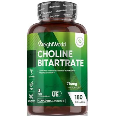 WeightWorld Choline Bitartrate selon l'EFSA, la Choline Contribue au Maintien d'une Fonction Hépatique Normale 714mg par Portion avec 180 Gélules Vegan pour 3 Mois d'Approvisionnement WeightWorld Choline Bitartrate selon l'EFSA, la Choline Contribue au Maintien d'une Fonction Hépatique Normale 714mg par Portion avec 180 Gélules Vegan pour 3 Mois d'Approvisionnement