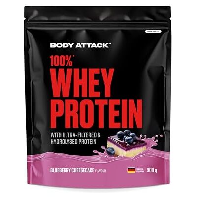 Body Attack 100 % protéines de lactosérum – Cheesecake à la myrtille – 900 g – Fabriqué en Allemagne – Poudre de protéines extra crémeuse avec hydrolysat et BCAA – Soutient le développement musculaire Body Attack 100 % protéines de lactosérum – Cheesecake à la myrtille – 900 g – Fabriqué en Allemagne – Poudre de protéines extra crémeuse avec hydrolysat et BCAA – Soutient le développement musculaire
