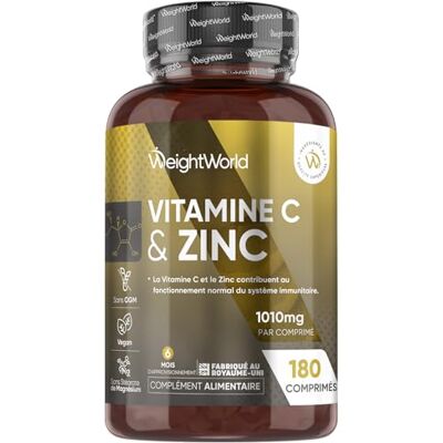 WeightWorld Vitamine C 1000mg avec Citrate de Zinc, 180 Comprimés Vegan Sécables pour 6 Mois d'Approvisionnement, Vit C Acide Ascorbique avec Zinc, Vitamines Adultes sans Stéarate de Magnésium WeightWorld Vitamine C 1000mg avec Citrate de Zinc, 180 Comprimés Vegan Sécables pour 6 Mois d'Approvisionnement, Vit C Acide Ascorbique avec Zinc, Vitamines Adultes sans Stéarate de Magnésium