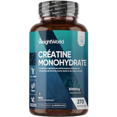 WeightWorld Creatine Monohydrate 270 comprimés Vegan, 3000mg par Portion, 3 Mois d'approvisionnement, sans OGM, sans Gluten ni Colorants ni Arômes Artificiels et sans Stéarate de Magnésium 270 comprimés végétaliens de créatine testés en laboratoire, 3 c WeightWorld Creatine Monohydrate 270 comprimés Vegan, 3000mg par Portion, 3 Mois d'approvisionnement, sans OGM, sans Gluten ni Colorants ni Arômes Artificiels et sans Stéarate de Magnésium 270 comprimés végétaliens de créatine testés en laboratoire, 3 c