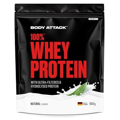 Body Attack Whey Protein Natural 100 % Whey Protein Natural – 900 g – Fabriqué en Allemagne – Poudre de protéines extra crémeuse avec hydrolysat et BCAA – Soutient le développement musculaire et les Body Attack Whey Protein Natural 100 % Whey Protein Natural – 900 g – Fabriqué en Allemagne – Poudre de protéines extra crémeuse avec hydrolysat et BCAA – Soutient le développement musculaire et les