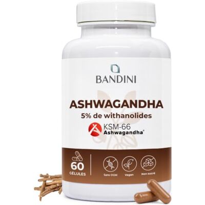 BANDINI ® Ashwagandha KSM-66® Vegan Withania Somnifera, 5% de witanolides Qualité KSM-66 Pure Stress, Sommeil, Énergie Supplément de Poudre de Ginseng indien Antioxydant naturel 60 Gélules BANDINI ® Ashwagandha KSM-66® Vegan Withania Somnifera, 5% de witanolides Qualité KSM-66 Pure Stress, Sommeil, Énergie Supplément de Poudre de Ginseng indien Antioxydant naturel 60 Gélules