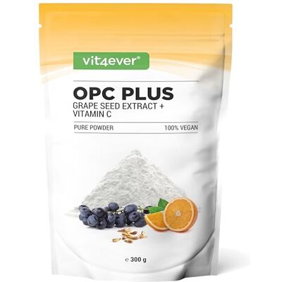 Vit4ever Extrait de pépins de raisin OPC + vitamine C 300g de poudre Pure OPC de raisins européens Teneur en OPC de 70% selon la méthode HPLC (95% selon Bate-Smith) Avec vitamine C naturelle Vegan Vit4ever Extrait de pépins de raisin OPC + vitamine C 300g de poudre Pure OPC de raisins européens Teneur en OPC de 70% selon la méthode HPLC (95% selon Bate-Smith) Avec vitamine C naturelle Vegan