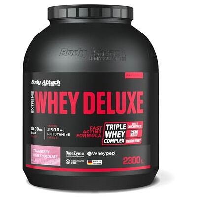 Body Attack Extreme Whey Deluxe – Strawberry White Chocolate – 2,3 kg – Fabriqué en Allemagne – Poudre de protéines avec acides aminés, triple complexe de whey, CFM Whey Isolate, poudre de protéines, Body Attack Extreme Whey Deluxe – Strawberry White Chocolate – 2,3 kg – Fabriqué en Allemagne – Poudre de protéines avec acides aminés, triple complexe de whey, CFM Whey Isolate, poudre de protéines,