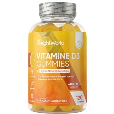 WeightWorld Vitamine D3 4000 UI Cholécalciférol, 120 Gummies pour 8 Mois sans Sucre Vitamine D Gummies Végétariens à l'Arôme Naturel de Citron WeightWorld Vitamine D3 4000 UI Cholécalciférol, 120 Gummies pour 8 Mois sans Sucre Vitamine D Gummies Végétariens à l'Arôme Naturel de Citron