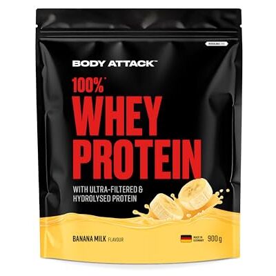 Body Attack 100 % protéines de lactosérum Lait banane 900 g Fabriqué en Allemagne Poudre de protéines extra crémeuse avec hydrolysat et BCAA Soutient le développement musculaire et les Body Attack 100 % protéines de lactosérum Lait banane 900 g Fabriqué en Allemagne Poudre de protéines extra crémeuse avec hydrolysat et BCAA Soutient le développement musculaire et les