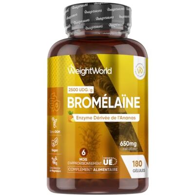 WeightWorld Bromelaine Gélules avec Enzymes Digestives Dérivée de la Tige d'Ananas Bromelaine 650 mg (2500 UDG/g), 180 Gélules pour 6 Mois WeightWorld Bromelaine Gélules avec Enzymes Digestives Dérivée de la Tige d'Ananas Bromelaine 650 mg (2500 UDG/g), 180 Gélules pour 6 Mois