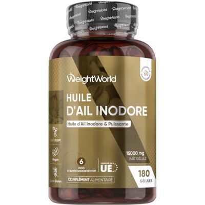 WeightWorld Ail Gelules Inodores 15000mg, 180 Capsules pour 6 mois Pressées à Froid Huile d'Allium Sativum 500:1 Vegan, sans Saveur & sans OGM WeightWorld Ail Gelules Inodores 15000mg, 180 Capsules pour 6 mois Pressées à Froid Huile d'Allium Sativum 500:1 Vegan, sans Saveur & sans OGM