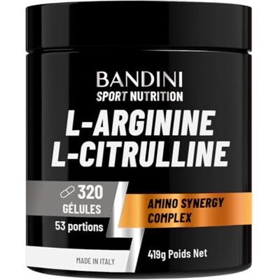 BANDINI ® L-Arginine + L-Citrulline 320 gélules (1100 mg par gélule) Arginine + Citrulline Malate, Complément Preworkout, Gym, Endurance, Récupération Musculaire, Acides Aminés Semi-Essentiels BANDINI ® L-Arginine + L-Citrulline 320 gélules (1100 mg par gélule) Arginine + Citrulline Malate, Complément Preworkout, Gym, Endurance, Récupération Musculaire, Acides Aminés Semi-Essentiels