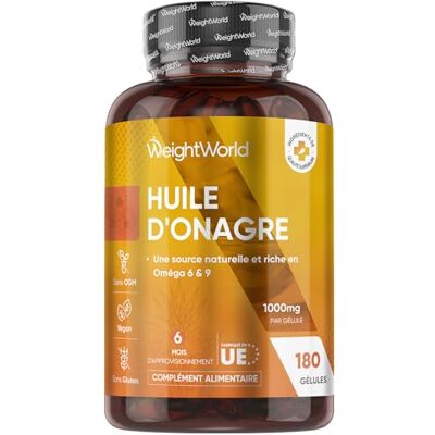WeightWorld Huile d'Onagre Pressée à Froid 1000mg 180 Gélules Vegan Multi Usages pour 6 Mois Riche en Oméga 6, Omega 9 avec Acide Linoléique, Oléique & Gamma-Linolénique, sans OGM, sans Gluten WeightWorld Huile d'Onagre Pressée à Froid 1000mg 180 Gélules Vegan Multi Usages pour 6 Mois Riche en Oméga 6, Omega 9 avec Acide Linoléique, Oléique & Gamma-Linolénique, sans OGM, sans Gluten