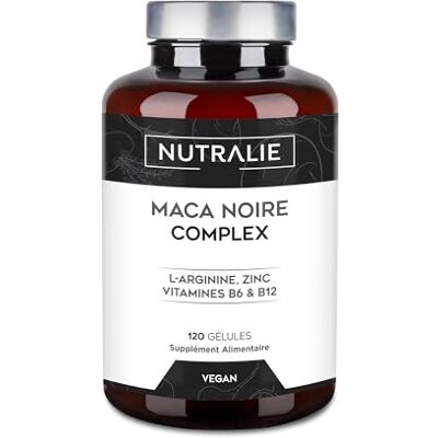 NUTRALIE Maca Noire des Andes 32000mg, Puissance 20:1, L-Arginine Zinc Vitamines B6 B12, Maca Péruvienne Hommes et Donnes, 120 Gélules Black Maca Complex NUTRALIE Maca Noire des Andes 32000mg, Puissance 20:1, L-Arginine Zinc Vitamines B6 B12, Maca Péruvienne Hommes et Donnes, 120 Gélules Black Maca Complex
