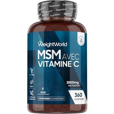 WeightWorld MSM Vitamine C 2500mg par Portion, 360 Comprimés Vegan, 6 Mois d’Approvisionnement, Soufre Organique (MSM Méthylsulfonylméthane) + Acide Ascorbique (Vitamine C), sans OGM, sans Stéarate de Magnésium WeightWorld MSM Vitamine C 2500mg par Portion, 360 Comprimés Vegan, 6 Mois d’Approvisionnement, Soufre Organique (MSM Méthylsulfonylméthane) + Acide Ascorbique (Vitamine C), sans OGM, sans Stéarate de Magnésium