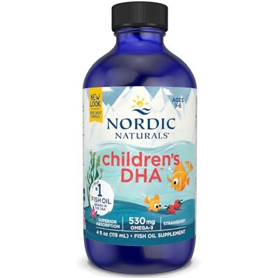 Nordic Naturals , Children's DHA 530 mg d'huile de foie de morue, goût fraise, avec EPA et DHA, 119 ml, testé en laboratoire, sans soja, sans gluten, sans OGM Nordic Naturals , Children's DHA 530 mg d'huile de foie de morue, goût fraise, avec EPA et DHA, 119 ml, testé en laboratoire, sans soja, sans gluten, sans OGM