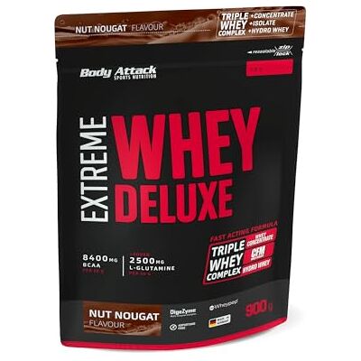Body Attack Extreme Whey Deluxe – Nut Nougat, 900 g, fabriqué en Allemagne, poudre de protéines avec acides aminés, triple complexe Whey, CFM Isolate, poudre de protéines parfaitement solubles, faible Body Attack Extreme Whey Deluxe – Nut Nougat, 900 g, fabriqué en Allemagne, poudre de protéines avec acides aminés, triple complexe Whey, CFM Isolate, poudre de protéines parfaitement solubles, faible