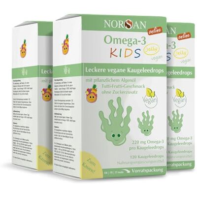 NORSAN Omega 3 Alga Jelly 120 hautement dosé (3 x 120 pièces) – Omega 3 vegan hautement dosé 220 mg par goutte à mâcher – Huile d'algues végétaliennes avec EPA et DHA – Avec goût Tutti-Frutti NORSAN Omega 3 Alga Jelly 120 hautement dosé (3 x 120 pièces) – Omega 3 vegan hautement dosé 220 mg par goutte à mâcher – Huile d'algues végétaliennes avec EPA et DHA – Avec goût Tutti-Frutti