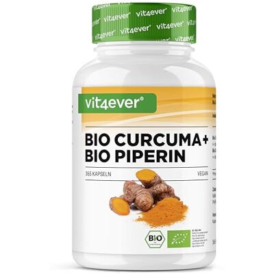 Vit4ever Curcuma bio au poivre noir 365 gélules 4511 mg de curcuma bio (curcuma) par dose journalière avec curcumine & pipérine qualité 100% bio fortement dosé végétalien Vit4ever Curcuma bio au poivre noir 365 gélules 4511 mg de curcuma bio (curcuma) par dose journalière avec curcumine & pipérine qualité 100% bio fortement dosé végétalien
