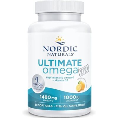 Nordic Naturals Ultimate Omega Xtra, 1.480 mg, gélules d’huile de poisson oméga-3 haute concentration avec EPA, DHA et vitamine D3, dose élevée, goût citron, 60 gélules molles, sans soja, sans gluten Nordic Naturals Ultimate Omega Xtra, 1.480 mg, gélules d’huile de poisson oméga-3 haute concentration avec EPA, DHA et vitamine D3, dose élevée, goût citron, 60 gélules molles, sans soja, sans gluten