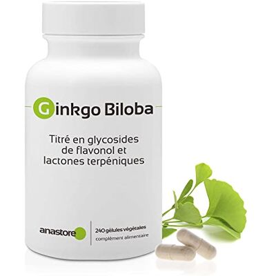 Anastore GINKGO BILOBA * 60 mg / 240 gélules * Titré à 24% min. en glycosides de flavonol et à 6% min. en lactones terpéniques Anastore GINKGO BILOBA * 60 mg / 240 gélules * Titré à 24% min. en glycosides de flavonol et à 6% min. en lactones terpéniques