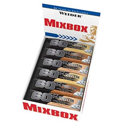 Weider Lot de 24 barres protéinées à 60 % avec la plus haute teneur en protéines sur le marché, barres à haute protéine avec glutamine et BCAA pour le renforcement musculaire et le fitness, boîte de mélange de 45 g Weider Lot de 24 barres protéinées à 60 % avec la plus haute teneur en protéines sur le marché, barres à haute protéine avec glutamine et BCAA pour le renforcement musculaire et le fitness, boîte de mélange de 45 g