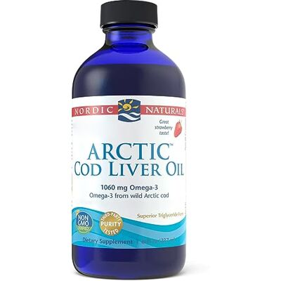 Nordic Naturals , Arctic Cod Liver Oil, 1060 mg d'oméga-3 d'huile de foie de morue, avec EPA et DHA, goût fraise, 237 ml, testé en laboratoire, sans soja, sans gluten, sans OGM Nordic Naturals , Arctic Cod Liver Oil, 1060 mg d'oméga-3 d'huile de foie de morue, avec EPA et DHA, goût fraise, 237 ml, testé en laboratoire, sans soja, sans gluten, sans OGM