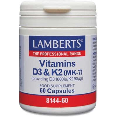 Lamberts Vitamine D3 1000iu et K2 90ug 60 gélules Lamberts Vitamine D3 1000iu et K2 90ug 60 gélules